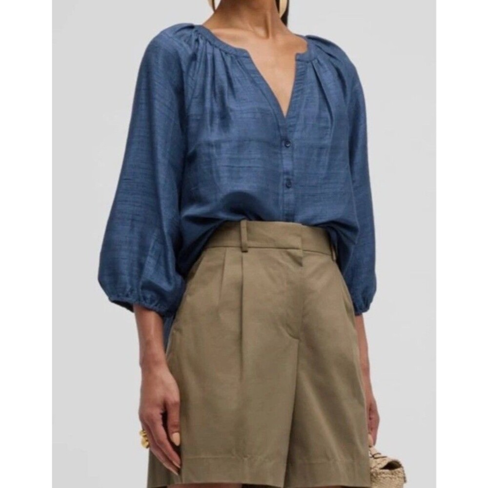 APIECE APART Women's Mitte Ruched Blouson-Sleeve Silk Top Blue Size Small